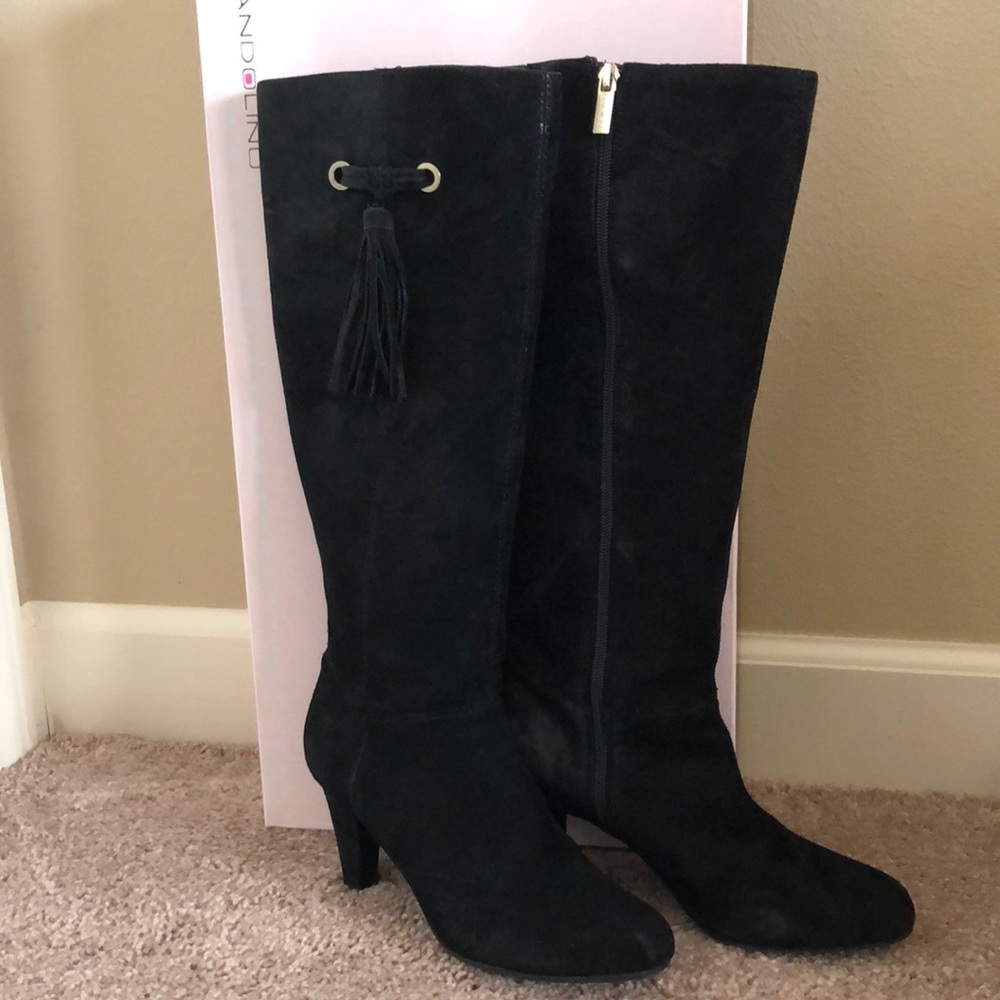 Black suede knee-high boots with 2 1/2-3 inch heel.  Bandolino brand.